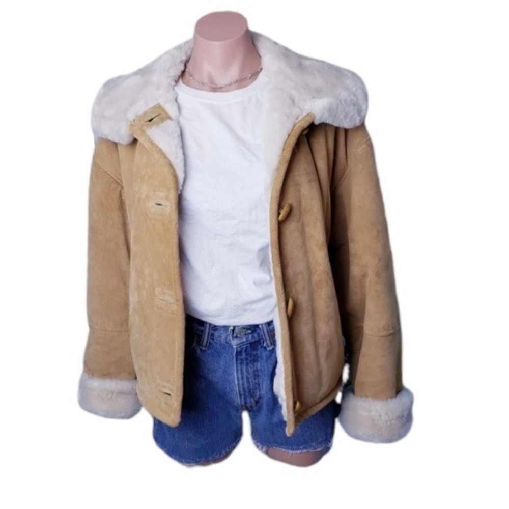 Women's Tan Leather Jacket with White Fur Trim